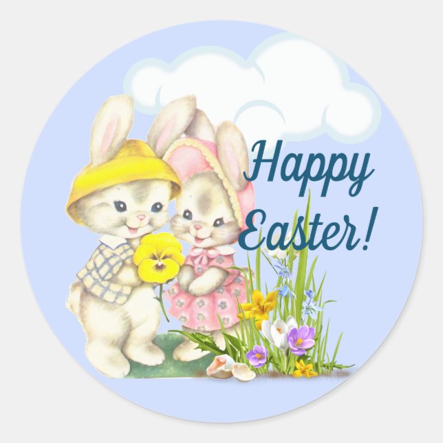 Vintage Bunnies & Flowers Happy Easter Classic Round Sticker (Front)
