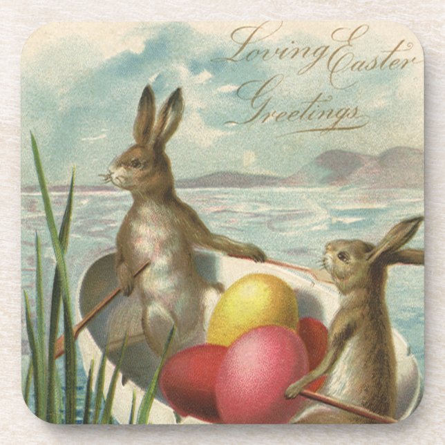 Vintage Bunnies in Boat, Loving Easter Greetings Coaster (Front)