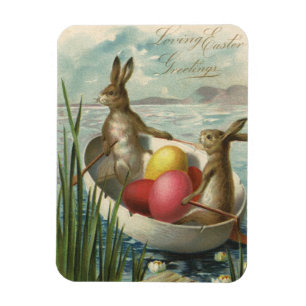 Vintage Bunnies in Boat, Loving Easter Greetings Magnet
