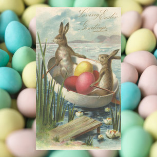 Vintage Bunnies in Boat, Loving Easter Greetings Rectangular Sticker