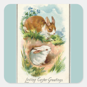 Vintage Bunnies Loving Easter Blue Square Sticker