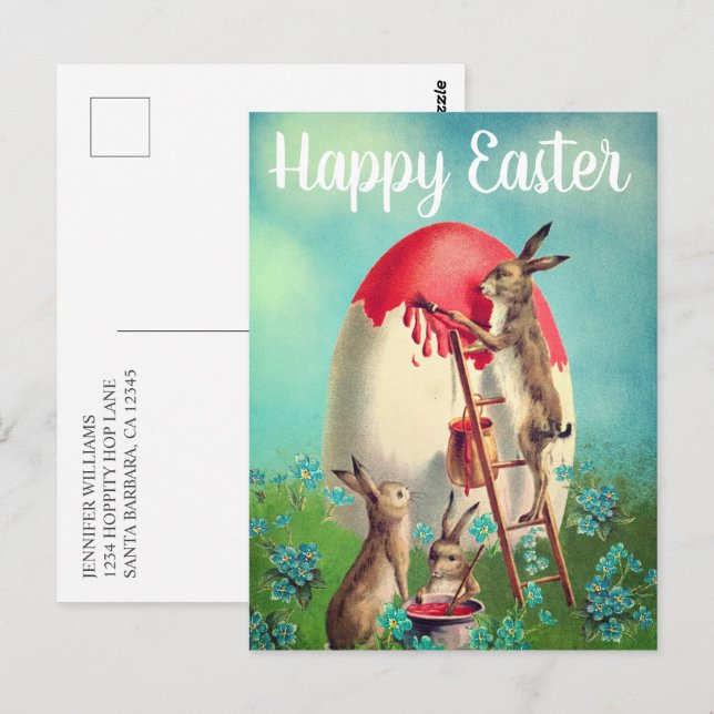 Vintage Bunnies Painting Easter Egg Happy Easter Postcard (Front/Back)