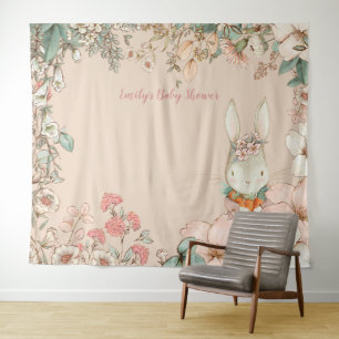 Vintage Bunny Baby Shower Backdrop landscape Peach Tapestry