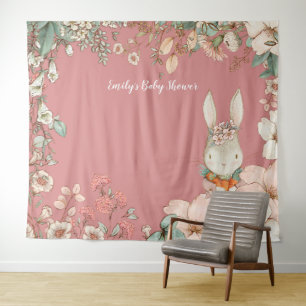 Vintage Bunny Baby Shower Backdrop landscape Pink Tapestry