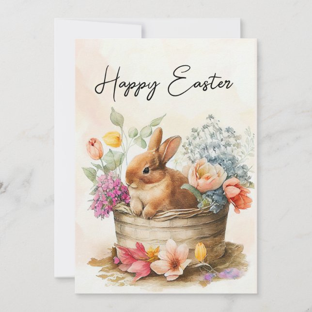 Vintage Bunny Basket Flowers Happy Easter Holiday Card (Front)