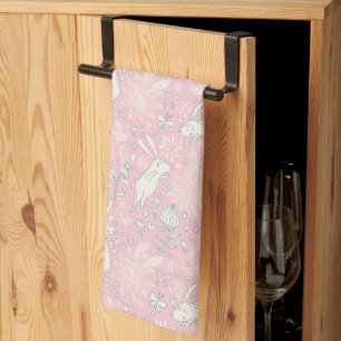 Vintage Bunny Butterfly Flowers Pastel Pink Easter Tea Towel