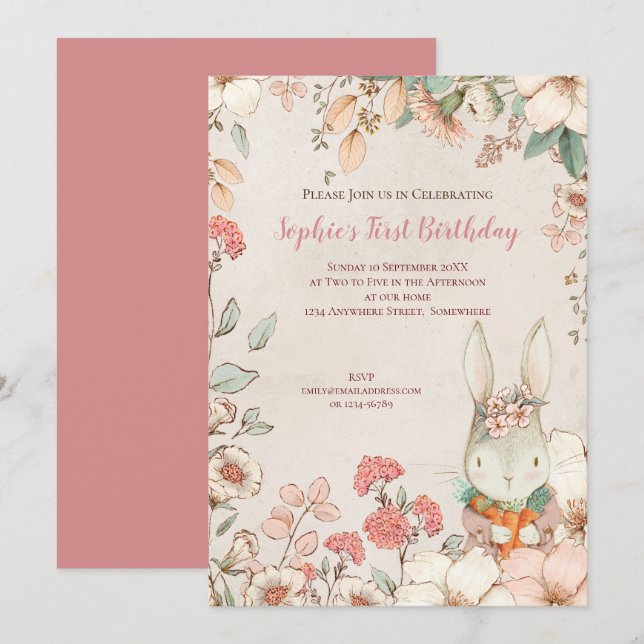 Vintage Bunny Floral 1st Birthday Girl Invitation (Front/Back)