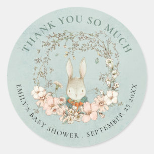 Vintage Bunny Floral Thank You Green Baby Shower Classic Round Sticker