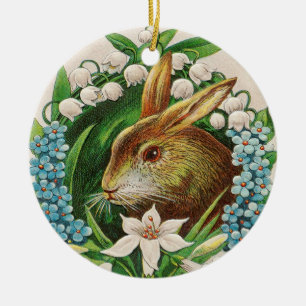 Vintage Bunny Floral Wreath Easter Greetings Ceramic Tree Decoration