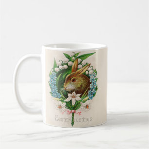 Vintage Bunny Floral Wreath Easter Greetings Coffee Mug