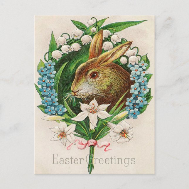 Vintage Bunny Floral Wreath Easter Greetings Postcard (Front)