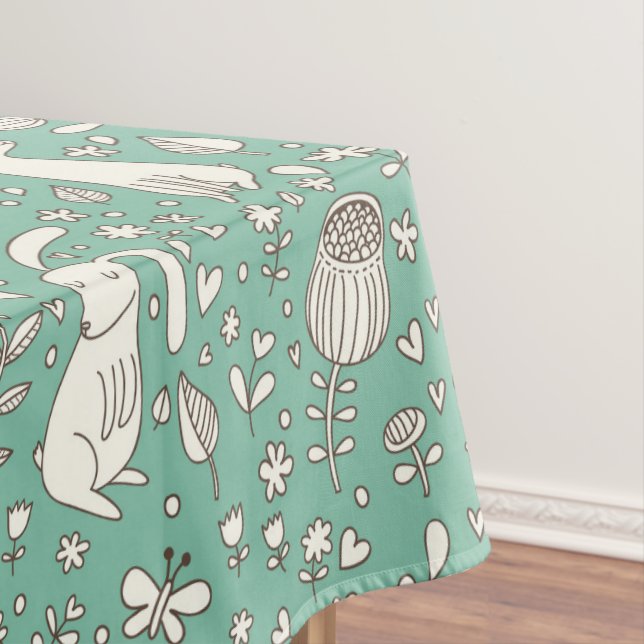 Vintage Bunny Flower Meadow Summer Green Easter Tablecloth (In Situ)
