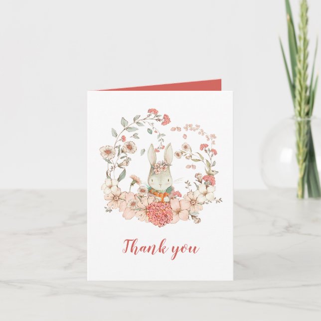 Vintage Bunny Foliage Coral Baby Shower Thank You Card (Front)