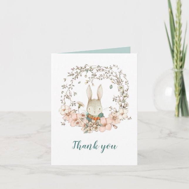 Vintage Bunny Foliage Duck Egg Blue Baby Shower Thank You Card (Front)