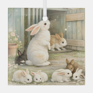 Vintage Bunny Garden Illustration   Cottagecore  Glass Tree Decoration