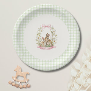 Vintage Bunny Green Gingham Girl Baby Shower Paper Plate