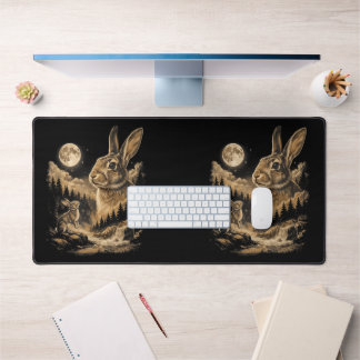Vintage Bunny Howling to the Moon Rabbit Night Art Desk Mat