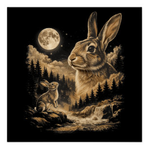 Vintage Bunny Howling to the Moon Rabbit Night Art Poster