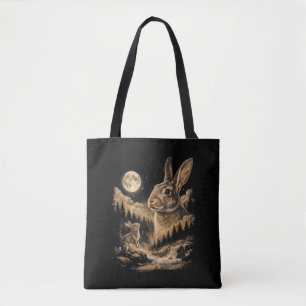 Vintage Bunny Howling to the Moon Rabbit Night Art Tote Bag