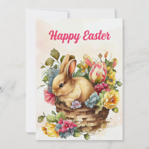 Vintage Bunny Pink Flowers Basket Happy Easter Holiday Card