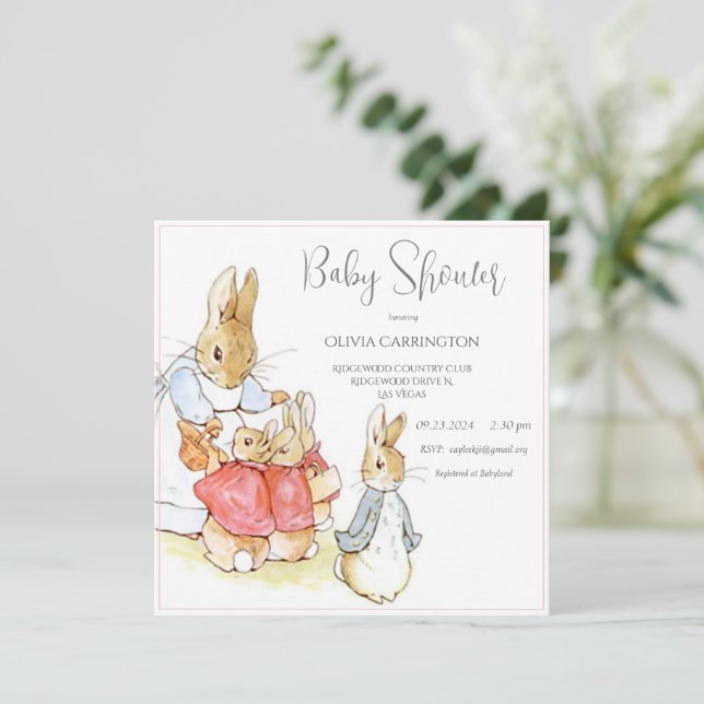 Vintage Bunny Pink Girl Baby Shower Invitation (Standing Front)
