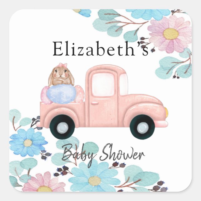 Vintage Bunny Pink Truck Baby Shower Square Sticker (Front)