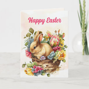 Vintage Bunny Pink Yellow Flowers Basket Easter Holiday Card