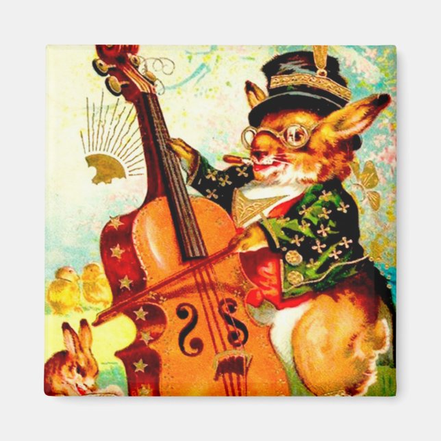 Vintage Bunny Playing with Violin Easter Greeting Magnet (Front)