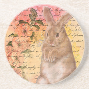 Vintage Bunny Rabbit and Ephemera Cursive Script Coaster