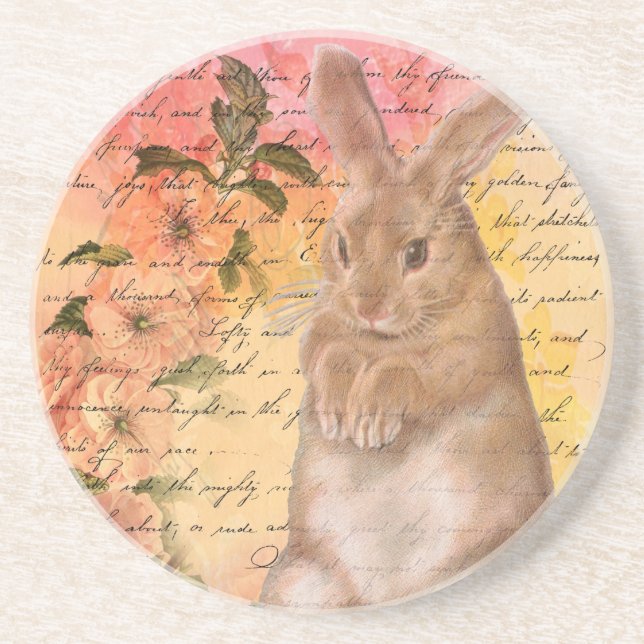 Vintage Bunny Rabbit and Ephemera Cursive Script Coaster (Front)