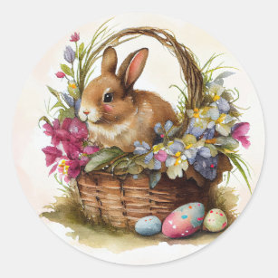 Vintage Bunny Rabbit Basket Flowers Easter Classic Round Sticker