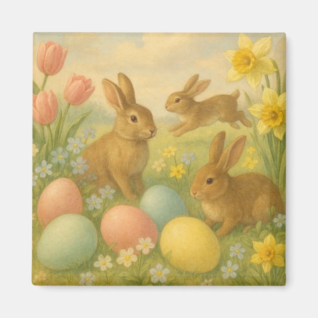 Vintage Bunny/Rabbit Easter Egg/Spring  Fleece  Magnet (Front)