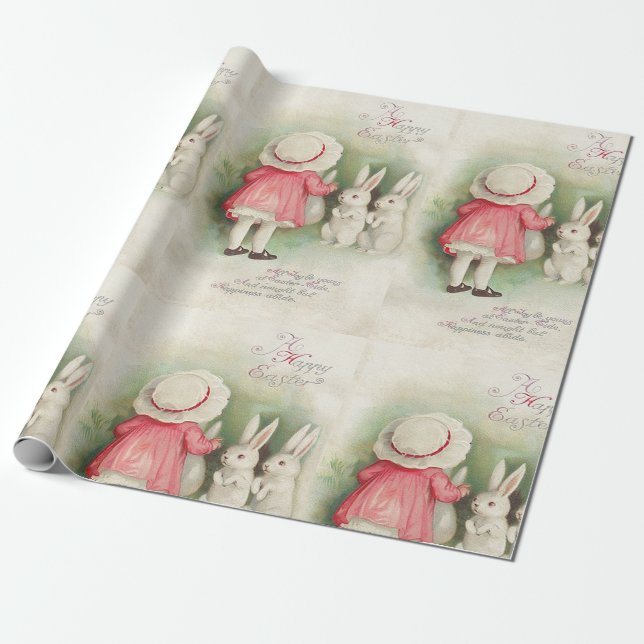 Vintage Bunny Rabbits Easter Greeting Wrapping Paper (Unrolled)