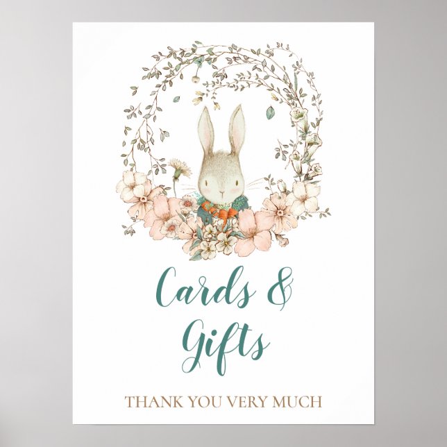 Vintage Bunny Script Baby Shower Cards Gifts Sign (Front)