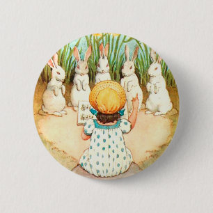 Vintage Bunny Singing with Child Easter Greeting 6 Cm Round Badge