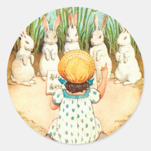 Vintage Bunny Singing with Child Easter Greeting Classic Round Sticker