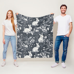 Vintage Bunny Spring Black Toile Pattern Fleece Blanket