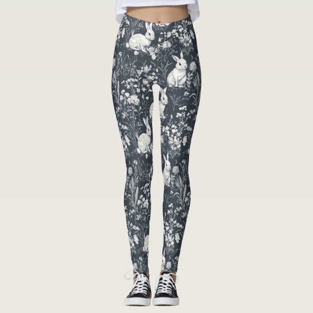 Vintage Bunny Spring Black Toile Pattern Leggings (Front)