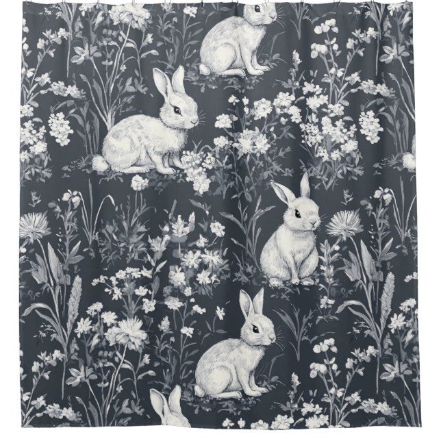 Vintage Bunny Spring Black Toile Pattern Shower Curtain (Front)