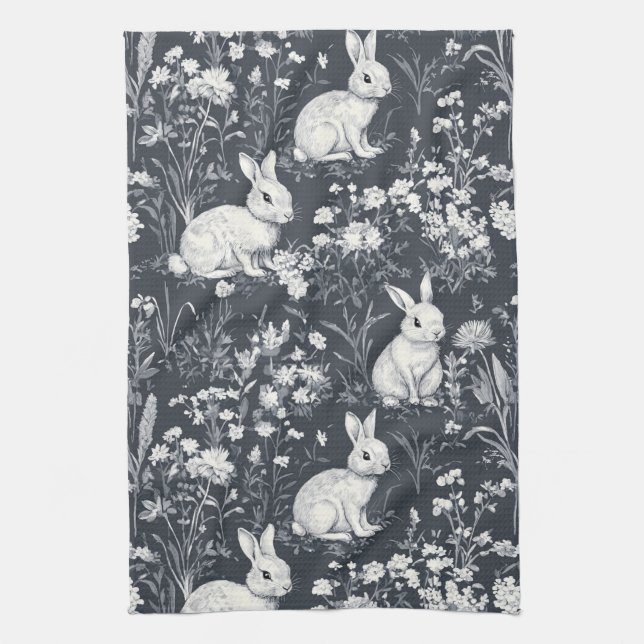 Vintage Bunny Spring Black Toile Pattern Tea Towel (Vertical)