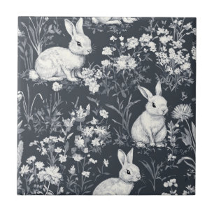 Vintage Bunny Spring Black Toile Pattern Tile