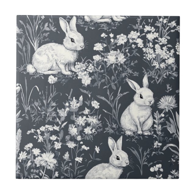 Vintage Bunny Spring Black Toile Pattern Tile (Front)