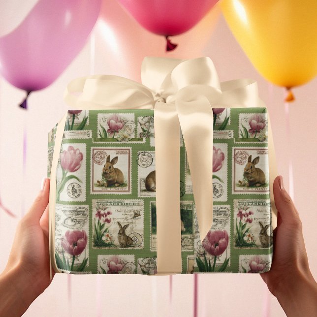 Vintage Bunny & Tulip Stamps Easter Wrapping Paper (Creator Uploaded)