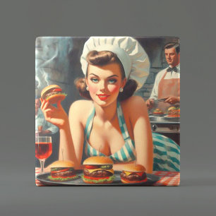 Vintage Burger BBQ Woman Tile