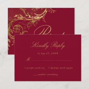 Vintage Burgindy Gold Floral Damask Script Wedding RSVP Card