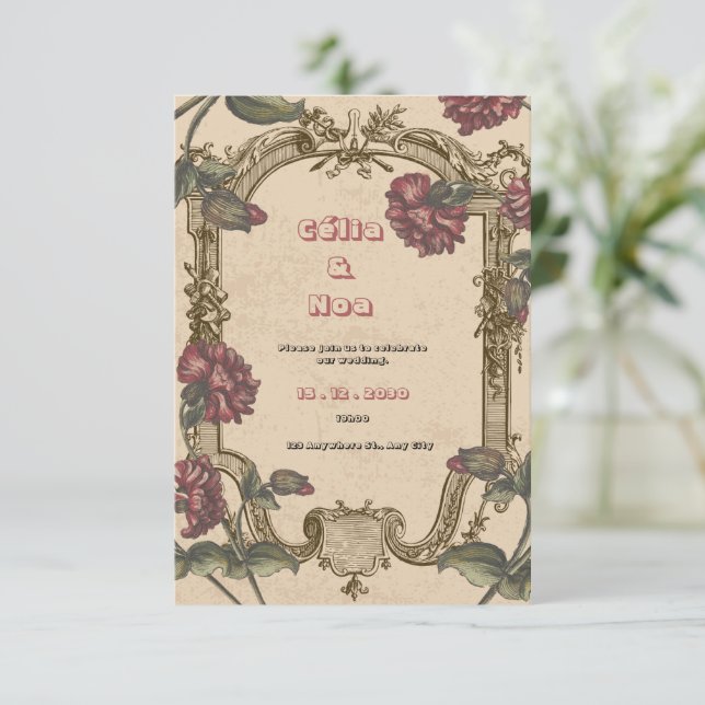 Vintage Burgundy and Beige Wedding Invitation (Standing Front)