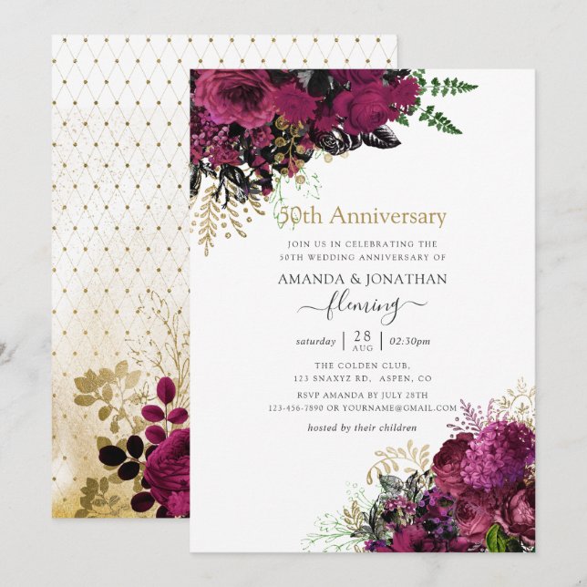Vintage Burgundy and Gold 50th Wedding Anniversary Invitation (Front/Back)