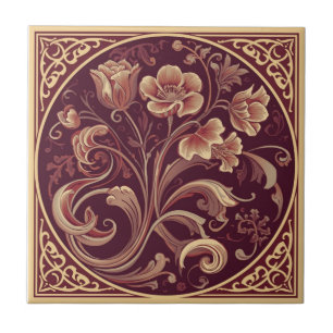 Vintage burgundy and gold Art Nouveau Floral  Tile