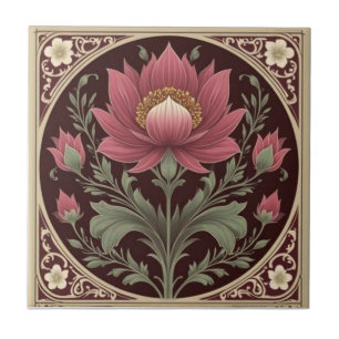 Vintage burgundy and gold Art Nouveau Floral  Tile