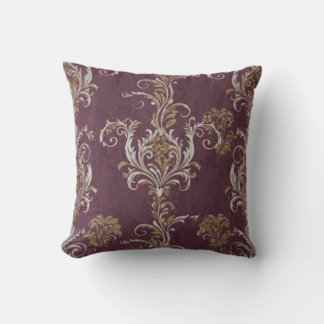 Vintage Burgundy and Gold Damask Cushion (Front)